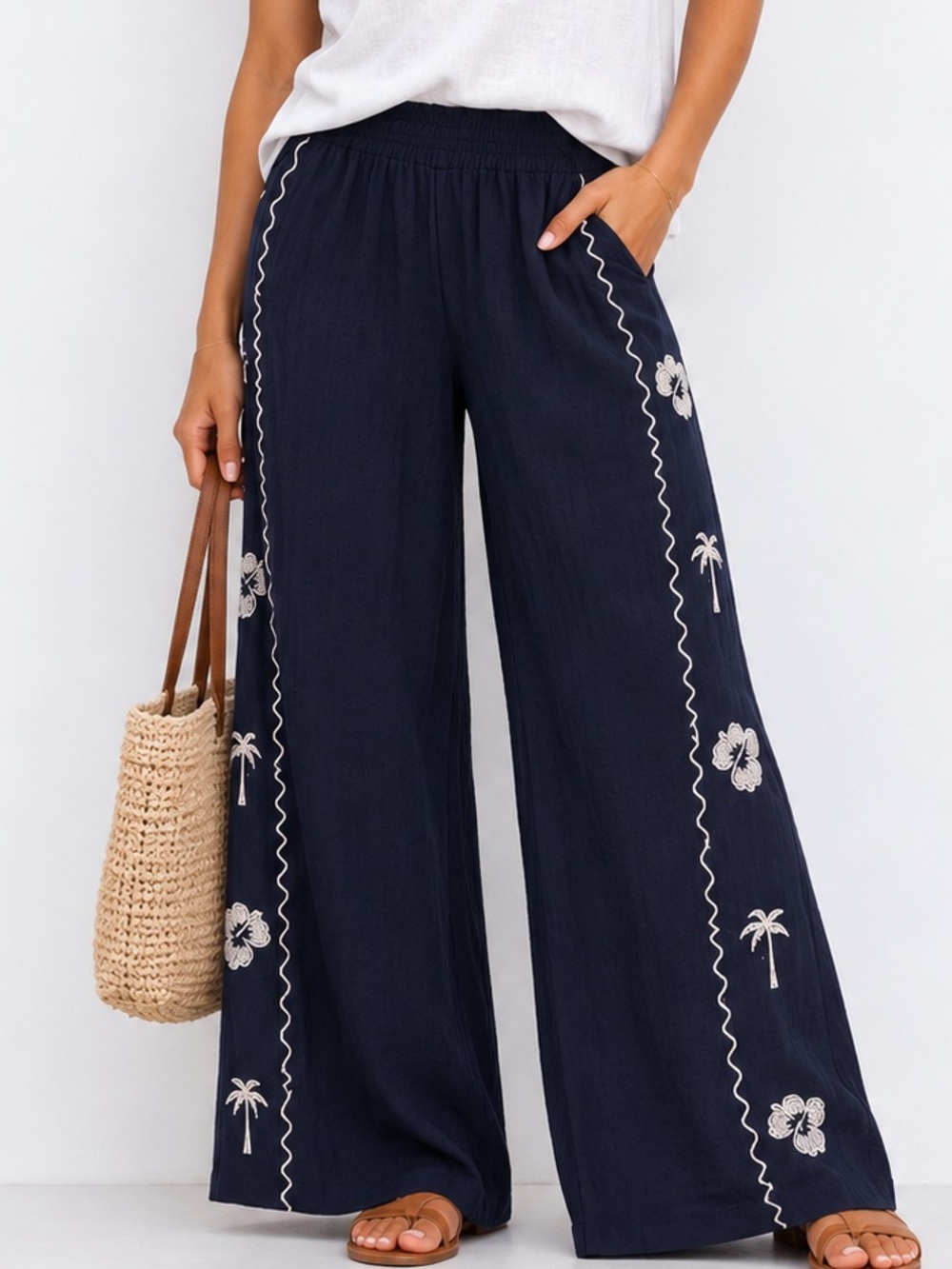 456.NEW Embroidered Linen Blend Navy Wide-Leg  Pants